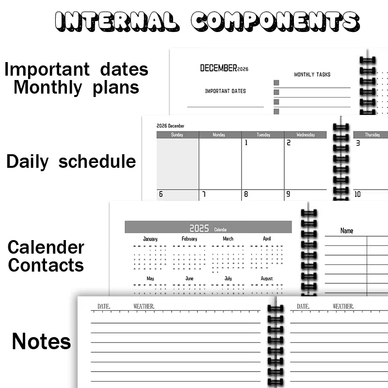 Kalenteri vuodelle 2025–2026 söpöillä ketuilla ja kukka-asetelmilla