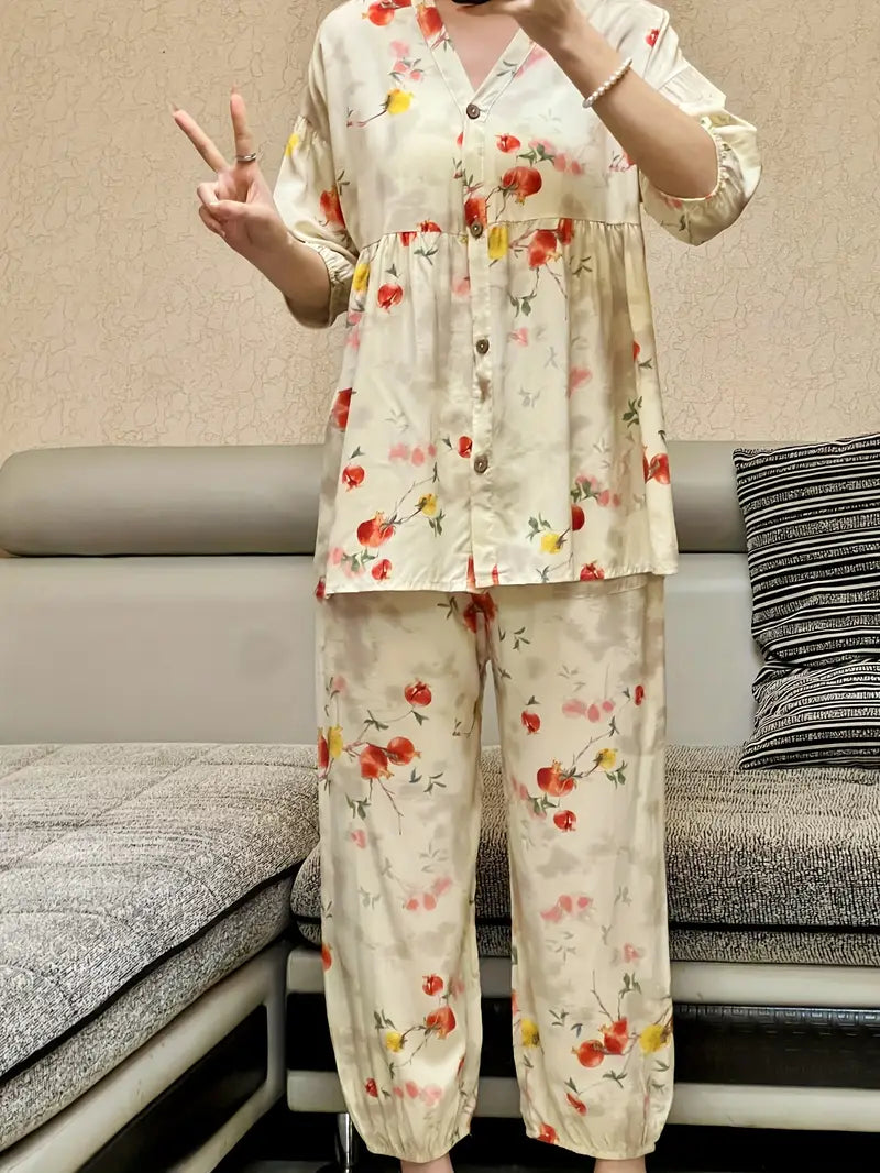 100 % puuvillaa Kuuma uusi kukkakuvioinen naisten yöpaitasetti