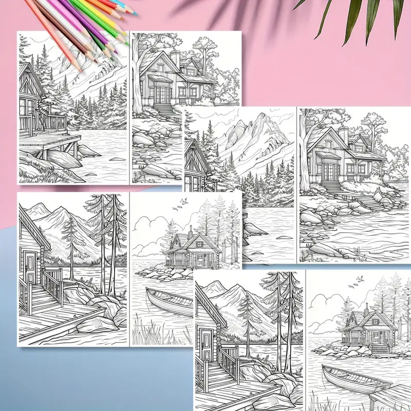 Artistic Lakeside Courtyard  coloring book värityskirja