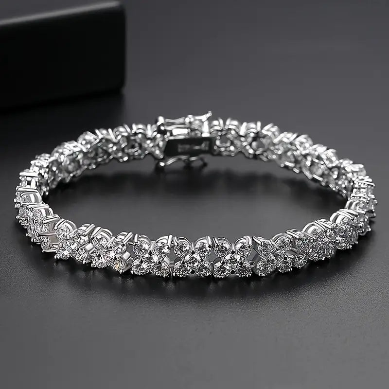 19cm Luxury Rhodium-Plated Copper Bracelet with Synthetic Cubic Zirconia