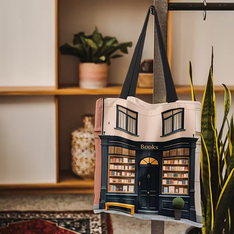 Tyylikäs kangaskassi, jossa on ainutlaatuinen kirjakauppakuvio