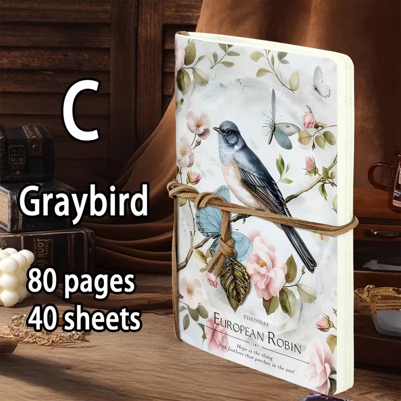 A5 eurooppalainen kukka- ja eläinaiheinen muistikirja - 80-sivuinen tyhjä päiväkirja nauhakirjanmerkillä, vintage-kasvitieteellinen lintu- ja perhosaiheinen luonnoskirja