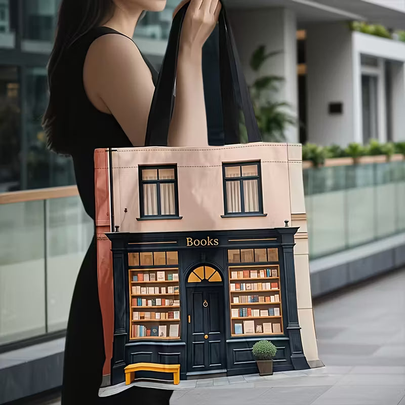 Tyylikäs kangaskassi, jossa on ainutlaatuinen kirjakauppakuvio