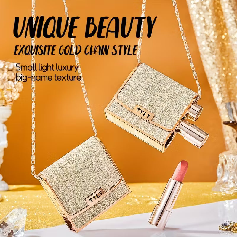 Samettinen huulipunasetti kultaisella ketjupussilla - matta, vedenpitävä, tarttumaton, pitkäkestoinen punaisena ja pinkkinä, sisältää 3 värivaihtoehtoa täydelliseen peittävyyteen, meikki herkälle iholle