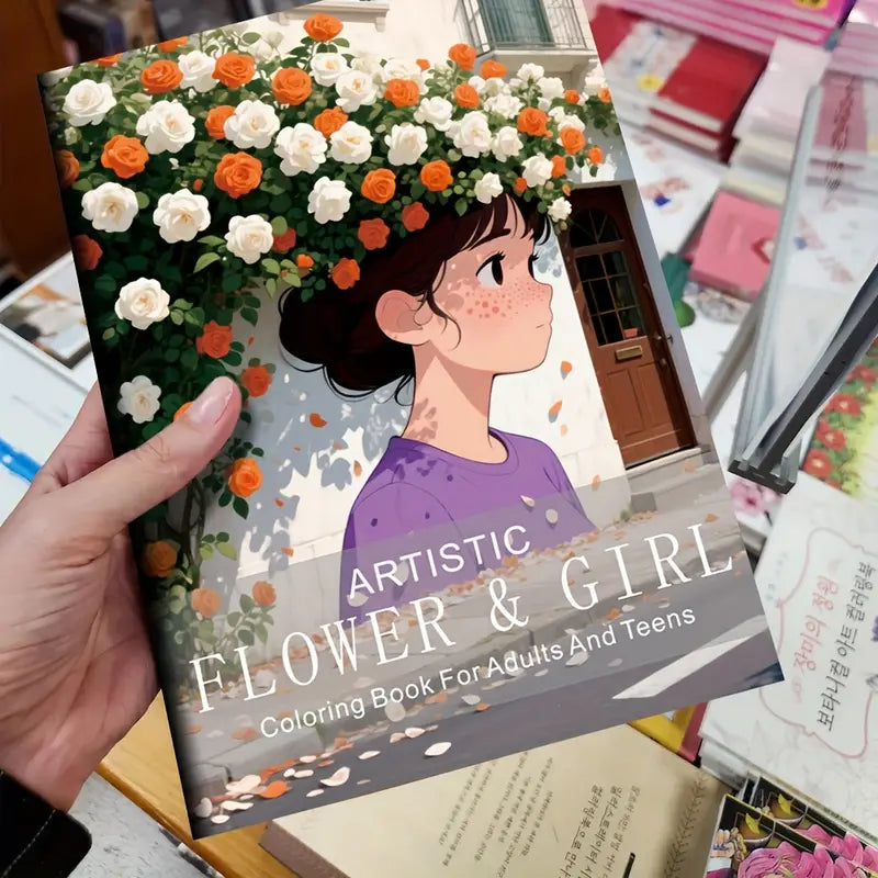 Artistic flower and girl coloring book värityskirja
