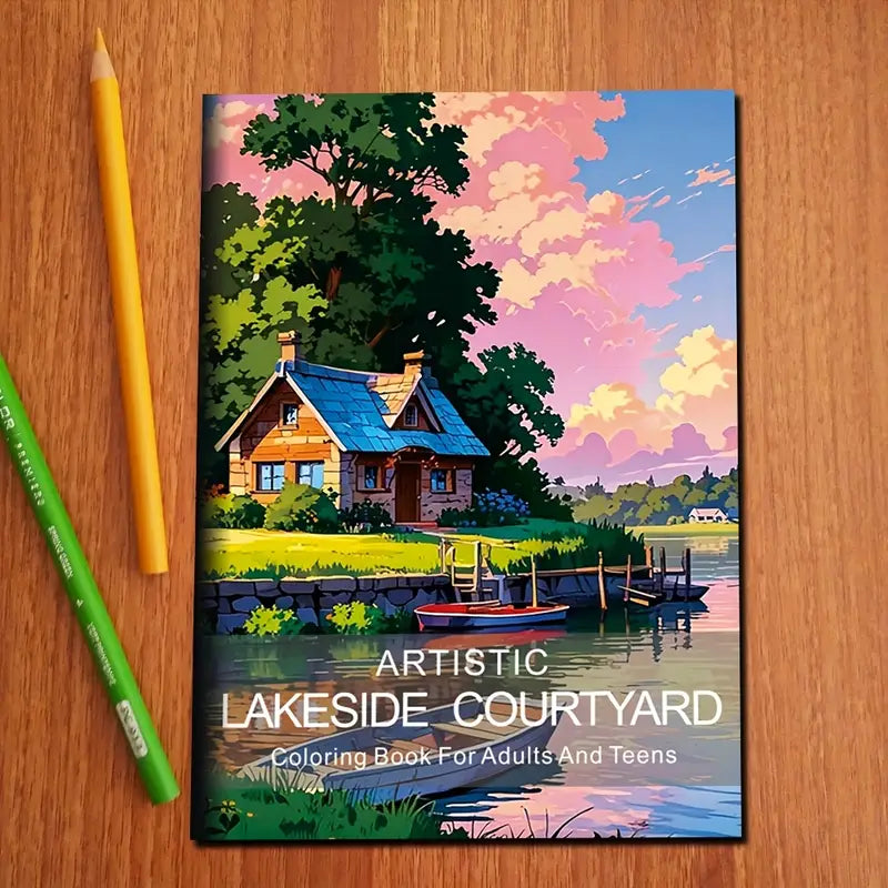 Artistic Lakeside Courtyard  coloring book värityskirja