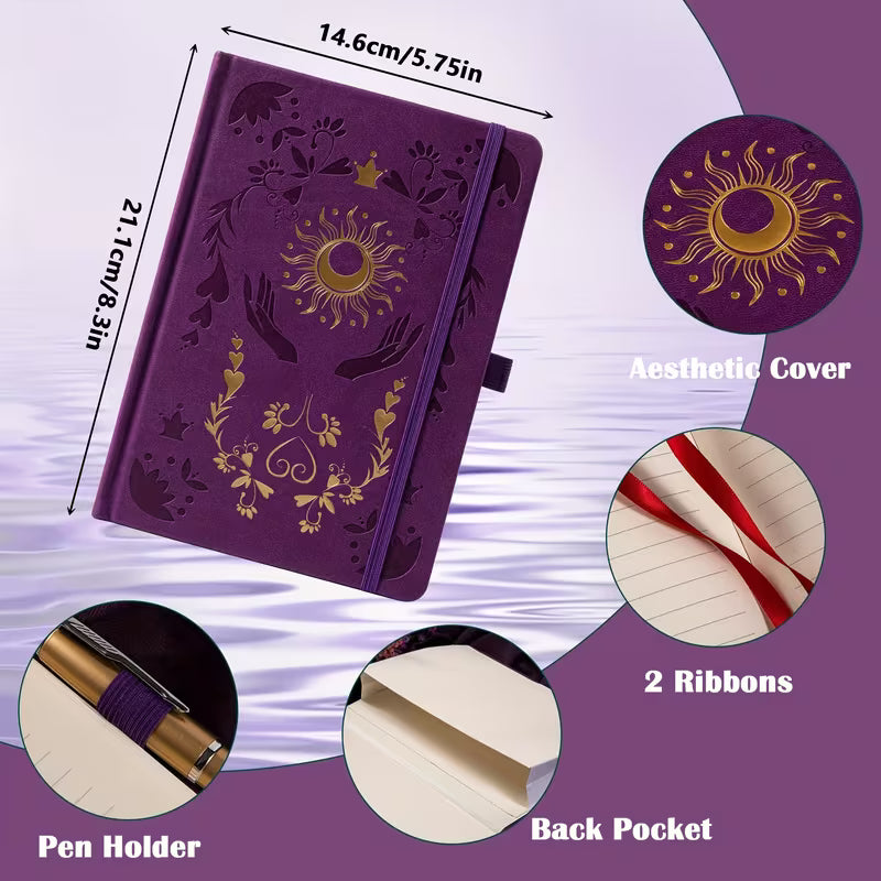 Tulossa pian! Violetti ja kultainen elegantti esteettinen A5-muistikirja - 318 numeroitua ja viivoitettua sivua, 14,73 cm x 21,34 cm