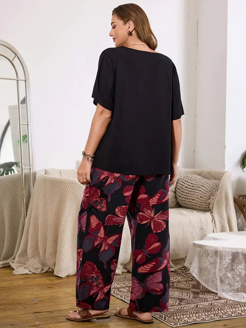 100 % puuvillaa Elegantti kukkakuvioinen pyjama-setti