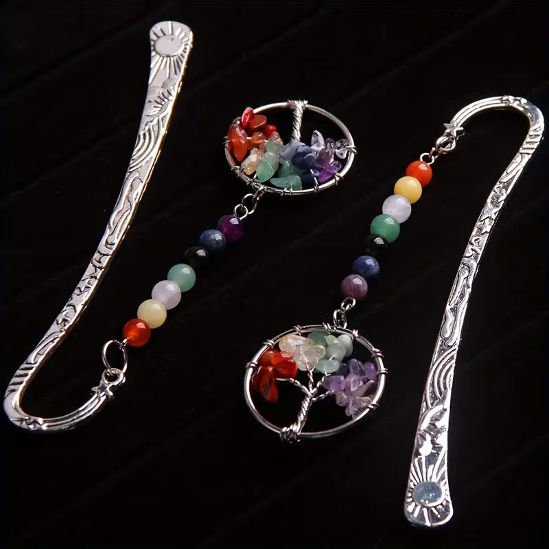 Käsintehdyt kirjanmerkit luonnonkivikristallilla, elämänpuu, aurinko ja tähdet