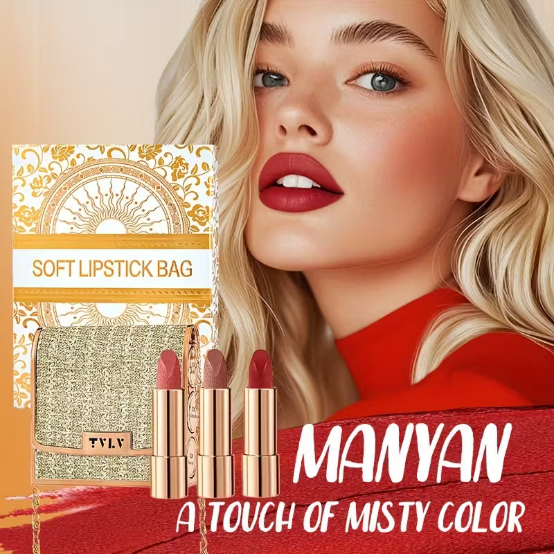 Samettinen huulipunasetti kultaisella ketjupussilla - matta, vedenpitävä, tarttumaton, pitkäkestoinen punaisena ja pinkkinä, sisältää 3 värivaihtoehtoa täydelliseen peittävyyteen, meikki herkälle iholle