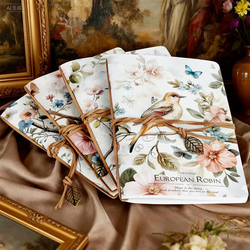 A5 eurooppalainen kukka- ja eläinaiheinen muistikirja - 80-sivuinen tyhjä päiväkirja nauhakirjanmerkillä, vintage-kasvitieteellinen lintu- ja perhosaiheinen luonnoskirja