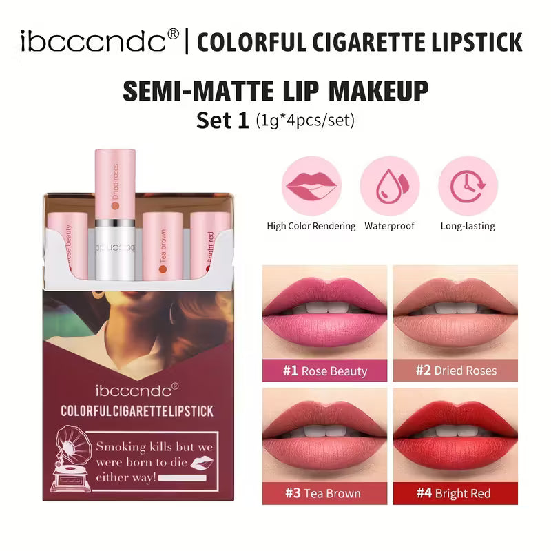 1 setti, jossa on 4 värikästä savukehuulipunaa, 4 suosittua väriä, mattapinta, kosteuttava koostumus, vedenpitävä ja hikoilunkestävä