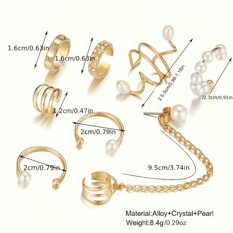 8-osainen kullanvärinen korvakoru- ja korvamansetti
