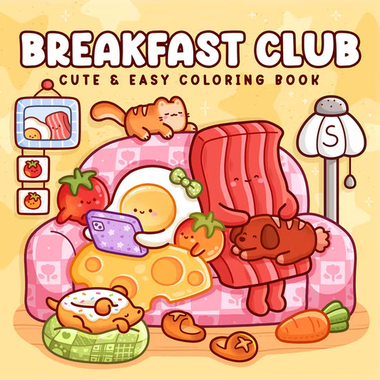 Breakfast Club -värityskirjan kansikuva. Kuvassa söpöjä hahmoja rentoutumassa ja oleskelemassa lämpimässä, kotoisassa ilmapiirissä aamiaisrenksujen, leivonnaisten ja lämpimien juomien keskellä.
