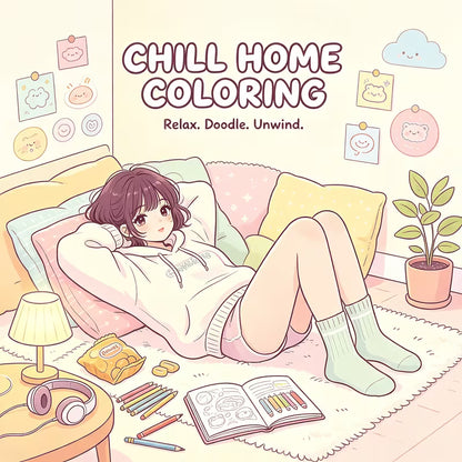 Chill Home -värityskirjan kansikuva. Kuvassa söpöjä eläinhahmoja rentoutumassa ja puuhailemassa lämpimässä, kotoisassa ja leppoisassa kotiympäristössä.