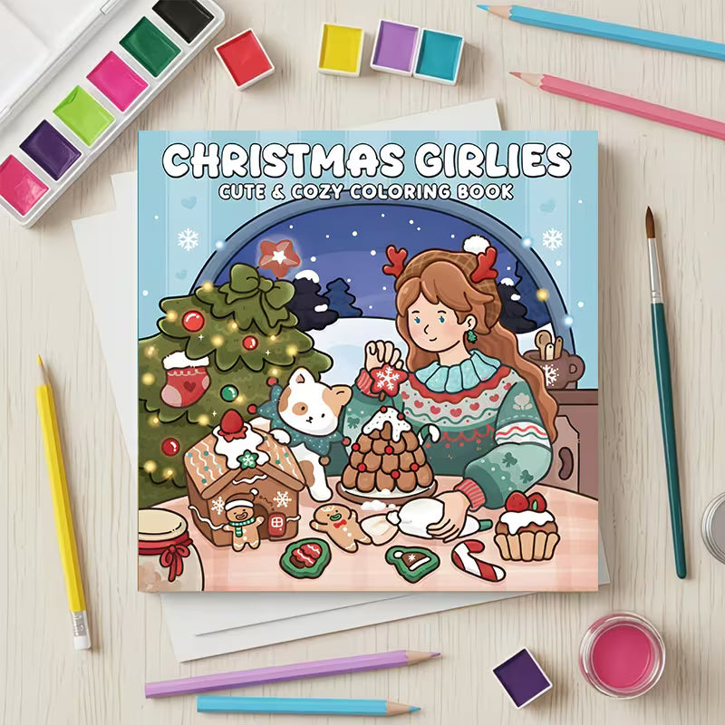 Christmas Girlies -värityskirjan kansikuva. Kuvassa söpöjä tyttöhahmoja rentoutumassa ja puuhailemassa lämpimissä joulutunnelmissa kotoisan joulusisustuksen keskellä.