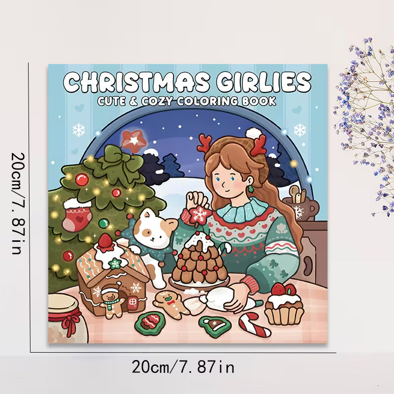 Christmas Girlies -värityskirjan kansikuva. Kuvassa söpöjä tyttöhahmoja rentoutumassa ja puuhailemassa lämpimissä joulutunnelmissa kotoisan joulusisustuksen keskellä.