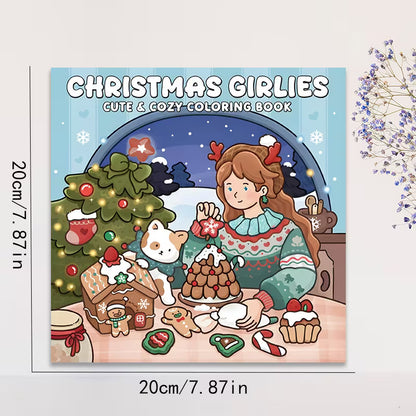 Christmas Girlies -värityskirjan kansikuva. Kuvassa söpöjä tyttöhahmoja rentoutumassa ja puuhailemassa lämpimissä joulutunnelmissa kotoisan joulusisustuksen keskellä.