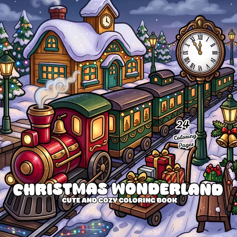 Christmas Wonderland -värityskirjan kansikuva. Kuvassa söpöjä eläinhahmoja rentoutumassa ja puuhailemassa satumaisissa joulutunnelmissa lumisen ja kotoisan joulumaailman keskellä.