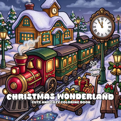 Christmas Wonderland -värityskirjan kansikuva. Kuvassa söpöjä eläinhahmoja rentoutumassa ja puuhailemassa satumaisissa joulutunnelmissa lumisen ja kotoisan joulumaailman keskellä.
