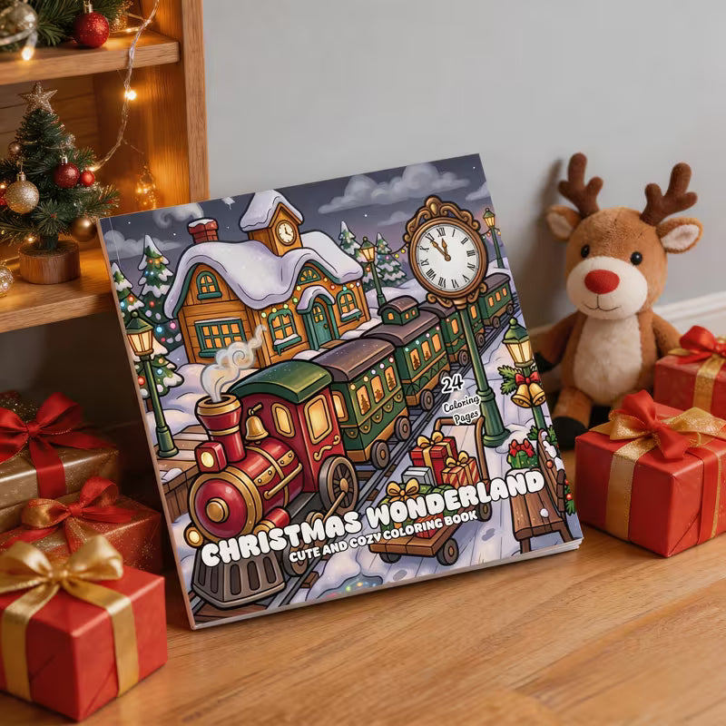 Christmas Wonderland -värityskirjan kansikuva. Kuvassa söpöjä eläinhahmoja rentoutumassa ja puuhailemassa satumaisissa joulutunnelmissa lumisen ja kotoisan joulumaailman keskellä.