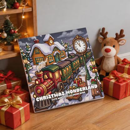 Christmas Wonderland -värityskirjan kansikuva. Kuvassa söpöjä eläinhahmoja rentoutumassa ja puuhailemassa satumaisissa joulutunnelmissa lumisen ja kotoisan joulumaailman keskellä.