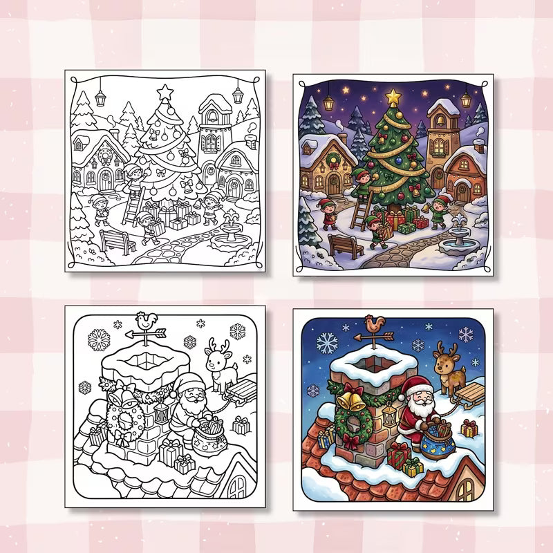 Christmas Wonderland -värityskirjan kansikuva. Kuvassa söpöjä eläinhahmoja rentoutumassa ja puuhailemassa satumaisissa joulutunnelmissa lumisen ja kotoisan joulumaailman keskellä.