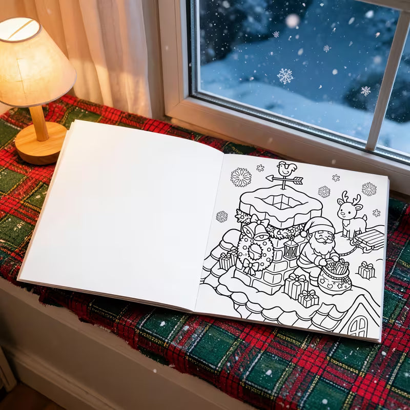 Christmas Wonderland -värityskirjan kansikuva. Kuvassa söpöjä eläinhahmoja rentoutumassa ja puuhailemassa satumaisissa joulutunnelmissa lumisen ja kotoisan joulumaailman keskellä.