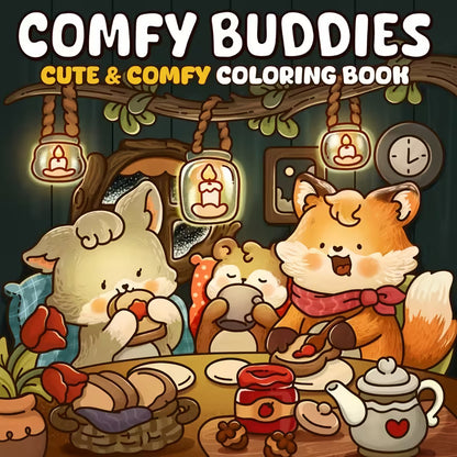 Comfy Buddies 30 Days -värityskirjan kansikuva. Kuvassa söpöjä eläinhahmoja rentoutumassa ja puuhailemassa lämpimässä ja kotoisassa ympäristössä.