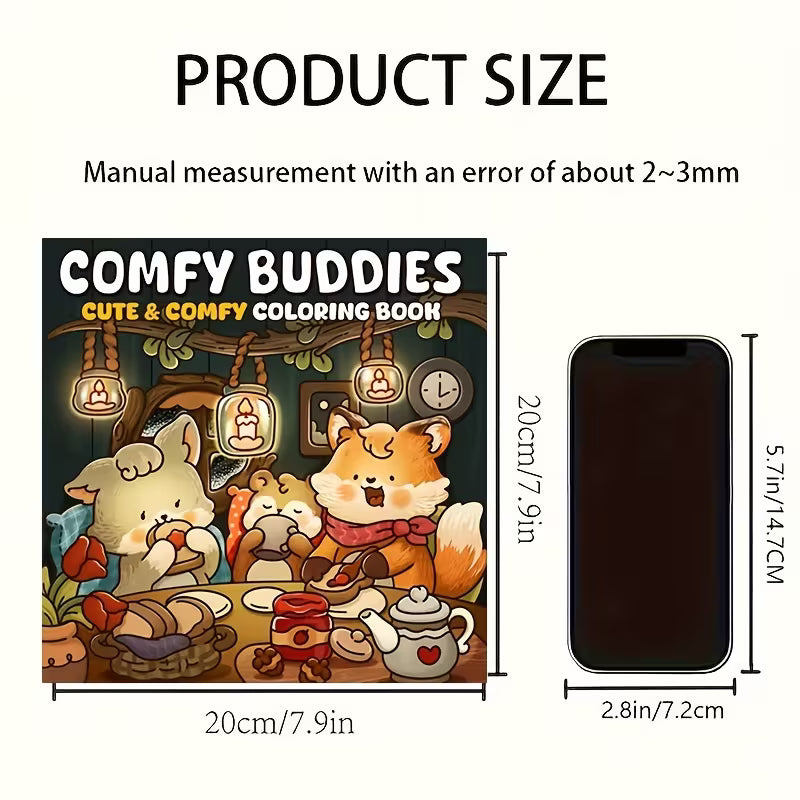 Comfy Buddies 30 Days -värityskirjan kansikuva. Kuvassa söpöjä eläinhahmoja rentoutumassa ja puuhailemassa lämpimässä ja kotoisassa ympäristössä.