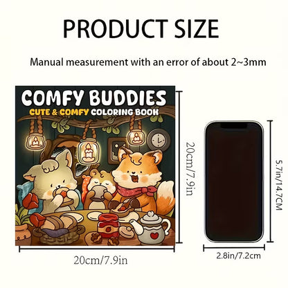 Comfy Buddies 30 Days -värityskirjan kansikuva. Kuvassa söpöjä eläinhahmoja rentoutumassa ja puuhailemassa lämpimässä ja kotoisassa ympäristössä.