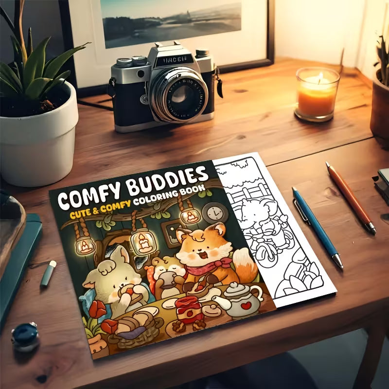 Comfy Buddies 30 Days -värityskirjan kansikuva. Kuvassa söpöjä eläinhahmoja rentoutumassa ja puuhailemassa lämpimässä ja kotoisassa ympäristössä.