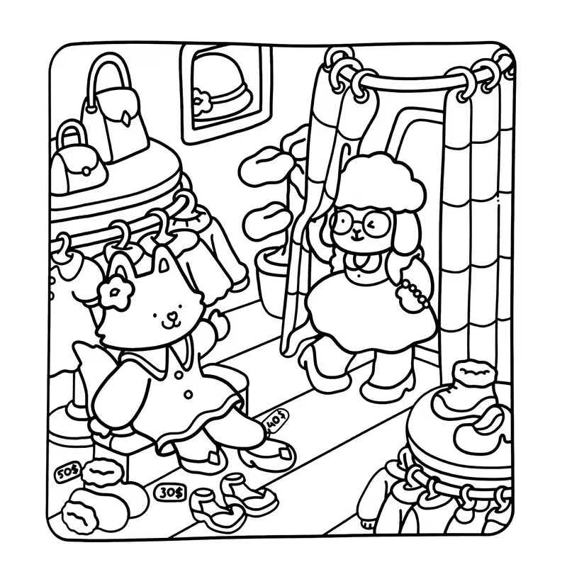 Tuotekuva Cozy Buddies -värityskirjan kannesta, jossa söpö kapybara, sammakko ja muita eläimiä koristelevat joulukuusta takan äärellä.   