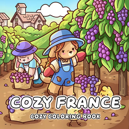 Cozy France -värityskirjan kansikuva. Kuvassa söpöjä hahmoja nauttimassa kotoisasta tunnelmasta ranskalaisessa pihakahvilassa leivonnaisten ja kukkien keskellä.