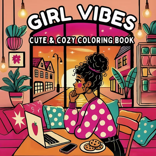 Cozy Girl Vibes -värityskirjan kansikuva. Kuvassa söpö tyttöhahmo rentoutumassa ja oleskelemassa lämpimässä, kotoisessa ilmapiirissä villasukat jalassa ja kuuma juoma kädessään.