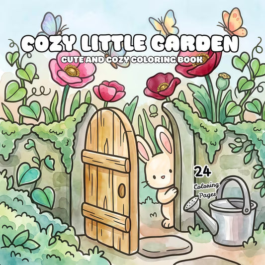 Cozy Little Garden -värityskirjan kansikuva. Kuvassa söpöjä eläinhahmoja rentoutumassa ja puutarhoimassa kukkien ja kasvien keskellä lämpimässä, kotoisassa ilmapiirissä.
