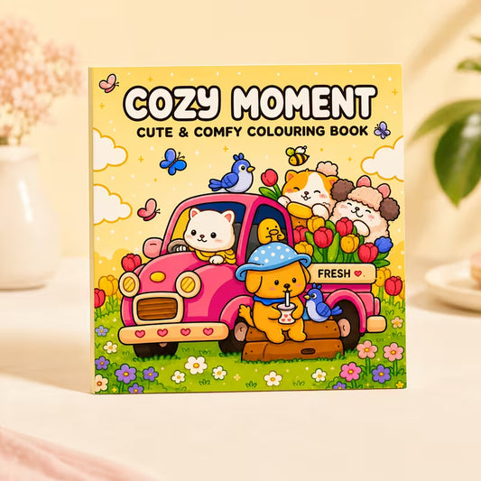 Cozy Moments -värityskirjan kansikuva. Kuvassa söpöjä hahmoja rentoutumassa ja oleskelemassa lämpimässä, kotoisassa ilmapiirissä villasukat jalassa, kirjan parissa ja pehmeiden tyynyjen keskellä.