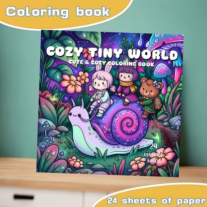 Cozy Tiny World -värityskirjan kansikuva. Kuvassa söpöjä eläinhahmoja puuhailemassa ja rentoutumassa piskuisessa, yksityiskohtaisessa ja kotoisassa pikkumaailmassa.
