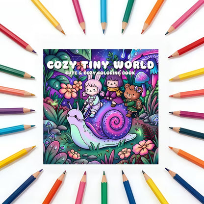 Cozy Tiny World -värityskirjan kansikuva. Kuvassa söpöjä eläinhahmoja puuhailemassa ja rentoutumassa piskuisessa, yksityiskohtaisessa ja kotoisassa pikkumaailmassa.