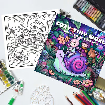 Cozy Tiny World -värityskirjan kansikuva. Kuvassa söpöjä eläinhahmoja puuhailemassa ja rentoutumassa piskuisessa, yksityiskohtaisessa ja kotoisassa pikkumaailmassa.