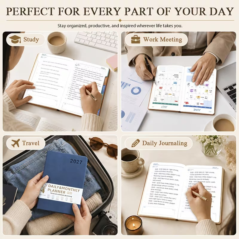 Tuotekuva lilasta A5-kokoisesta Daily & Monthly Planner Pro 2027 -kalenterista, jossa on pehmeä tekonahkakansi, värikkäät kuukausi-indeksit ja lila kirjoituskynä.   