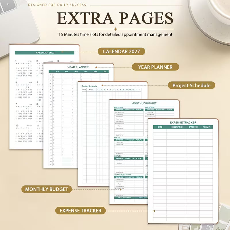 Tuotekuva lilasta A5-kokoisesta Daily & Monthly Planner Pro 2027 -kalenterista, jossa on pehmeä tekonahkakansi, värikkäät kuukausi-indeksit ja lila kirjoituskynä.   