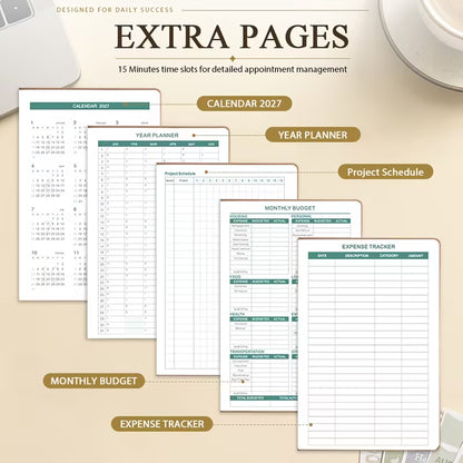 Tuotekuva lilasta A5-kokoisesta Daily & Monthly Planner Pro 2027 -kalenterista, jossa on pehmeä tekonahkakansi, värikkäät kuukausi-indeksit ja lila kirjoituskynä.   