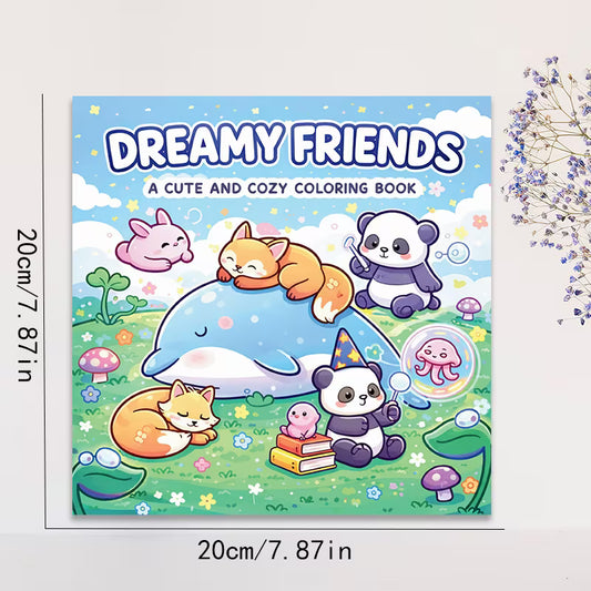 Tuotekuva Dreamy Friends -värityskirjan kannesta, jossa söpöt ketut, pandat, pikkupupu ja valas seikkailevat värikkäällä kukkaniityllä.   