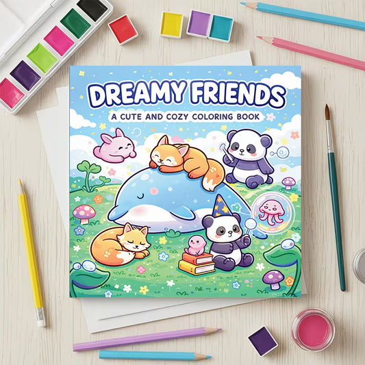 Tuotekuva Dreamy Friends -värityskirjan kannesta, jossa söpöt ketut, pandat, pikkupupu ja valas seikkailevat värikkäällä kukkaniityllä.   