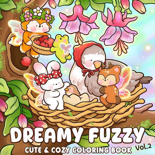 Tuotekuva Dreamy Fuzzy Vol. 2 -värityskirjan kannesta, jossa söpöt siivekkäät eläinhaltiat ja linnut pesässään kukkien ympäröimänä.
