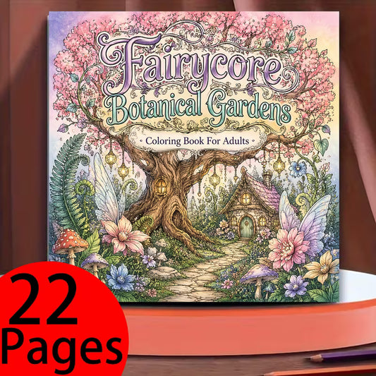 Fairycore-värityskirjan kansikuva. Kuvassa söpöjä keijuhahmoja ja metsän eläimiä rentoutumassa ja puuhailemassa taianomaisessa, kotoisassa ja satumaisessa ilmapiirissä.
