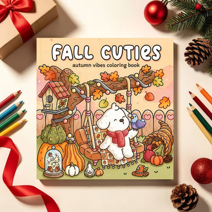 Tuotekuva Fall Cuties -värityskirjan kannesta, jossa on suloinen valkoinen koira keinussa kurpitsojen, syksyn lehtien ja linnunpöntön ympäröimänä.