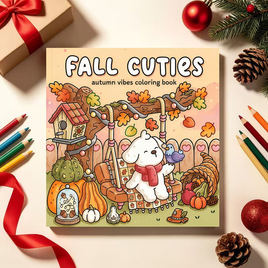 Tuotekuva Fall Cuties -värityskirjan kannesta, jossa on suloinen valkoinen koira keinussa kurpitsojen, syksyn lehtien ja linnunpöntön ympäröimänä.