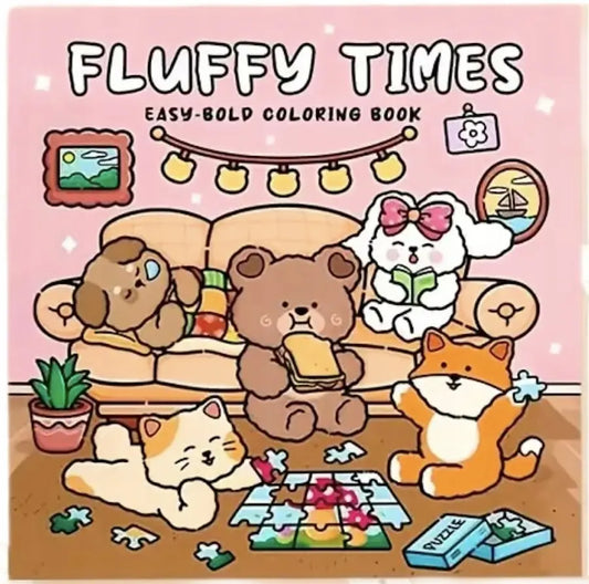 Fluffy Times -värityskirjan kansikuva. Kuvassa söpöjä ja pörröisiä eläinhahmoja rentoutumassa ja puuhailemassa kotoisassa ja lämpimässä ympäristössä.